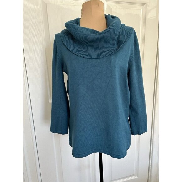 Cable & Gauge Wide Rib Cowl 3/4 Sleeve Knit Sweater Deep Teal Sz S - Picture 1 of 7